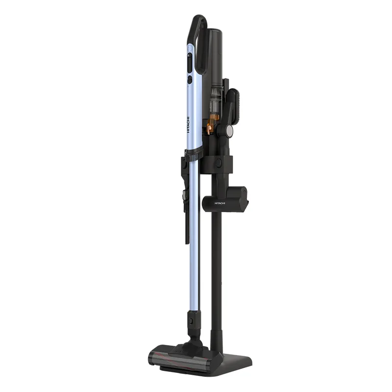 เครื่องดูดฝุ่นไร้สาย Hitachi PV-XH4Q ด้ามสีฟ้าเมทัลลิก วางบนแท่นตั้งพร้อมอุปกรณ์เสริม