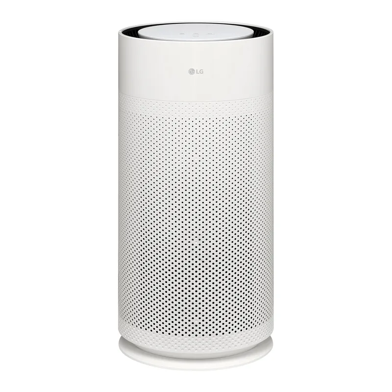 เครื่องฟอกอากาศ LG PuriCare AeroHit AS35GGW10 ทรงกระบอกสูงสีขาว มุมด้านหน้า