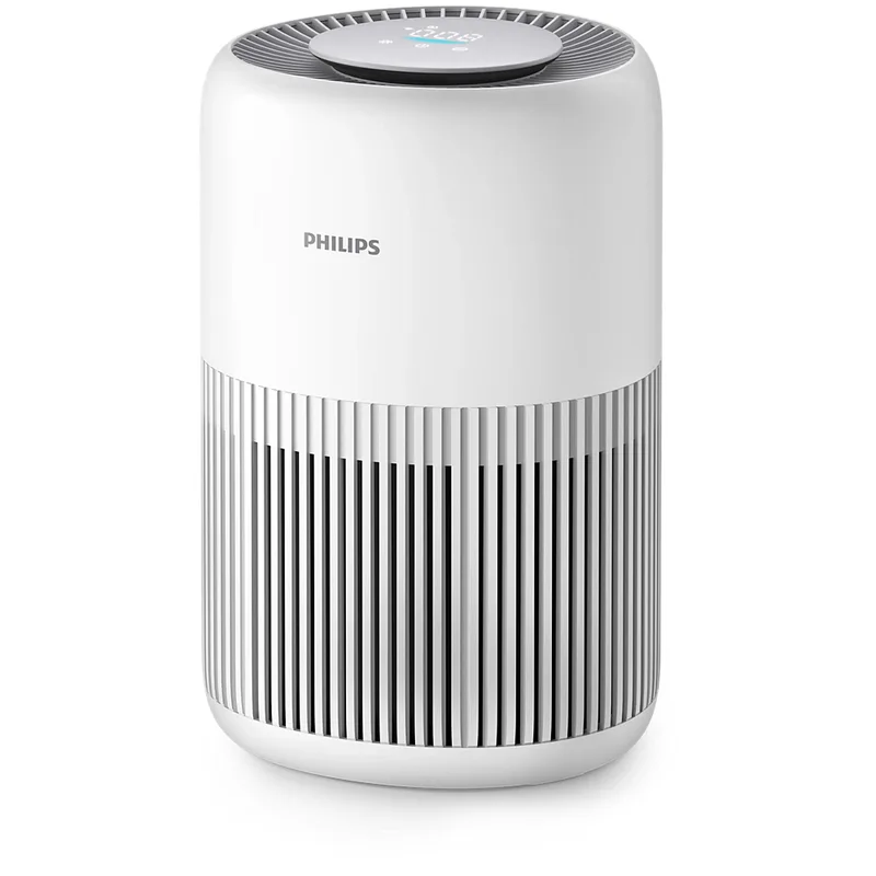 เครื่องฟอกอากาศ Philips PureProtect Mini 900 Series AC0950/10 ทรงกระบอกสีขาว จอกลมด้านบน ช่องลมแนวตั้ง มุมเฉียงด้านหน้า