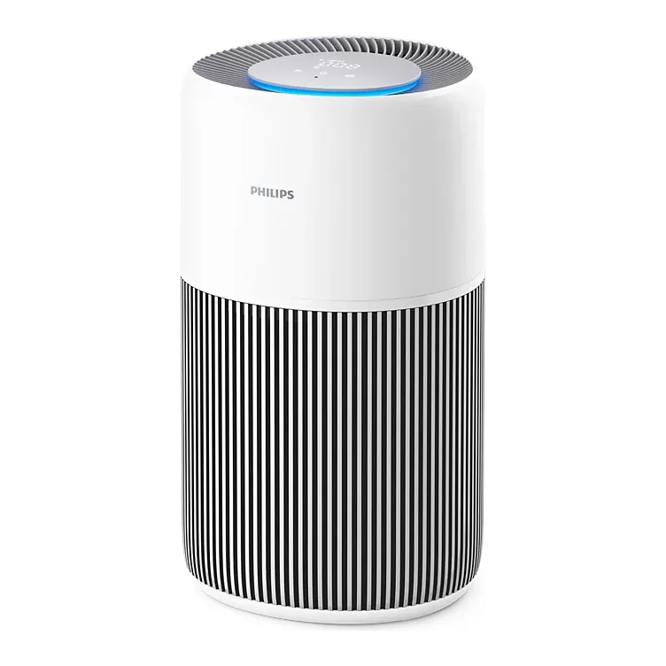 เครื่องฟอกอากาศ Philips PureProtect Quiet 2200 Series AC2220/10 ทรงกระบอกสีขาว ส่วนล่างลายช่องลมสีเทา มุมเฉียงด้านหน้า