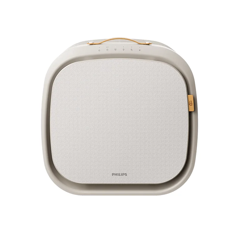 เครื่องฟอกอากาศสำหรับสัตว์เลี้ยง Philips PureProtect Pet AC3360/11 ทรงสี่เหลี่ยมมุมมนสีครีม หูหิ้วด้านบน มุมด้านหน้า