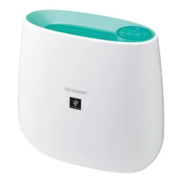 เครื่องฟอกอากาศ Sharp Plasmacluster FP-J30TA สีขาวฝาบนสีฟ้าอมเขียว ขนาดกะทัดรัด มุมเฉียง