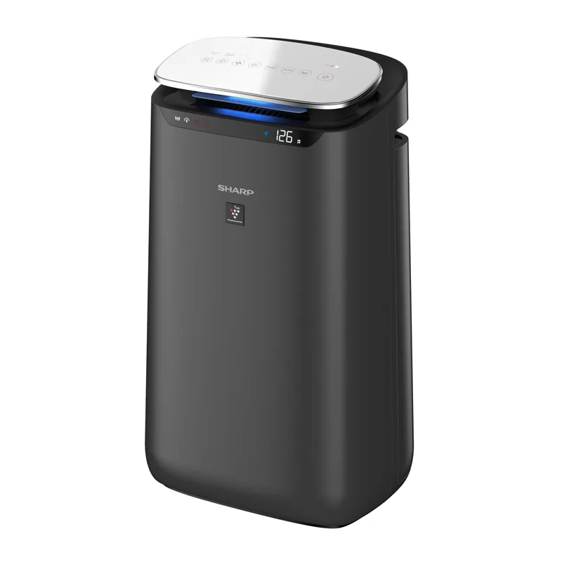 เครื่องฟอกอากาศ Sharp Plasmacluster FP-J80TA ตัวเครื่องสีดำ ฝาบนสีเงิน มุมเฉียงด้านหน้า