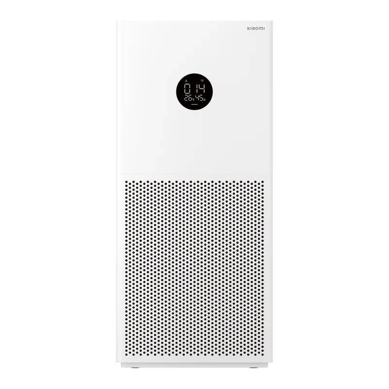 เครื่องฟอกอากาศ Xiaomi Smart Air Purifier 4 Lite ทรงสี่เหลี่ยมสีขาว จอแสดงผลกลมด้านหน้า มุมด้านหน้า