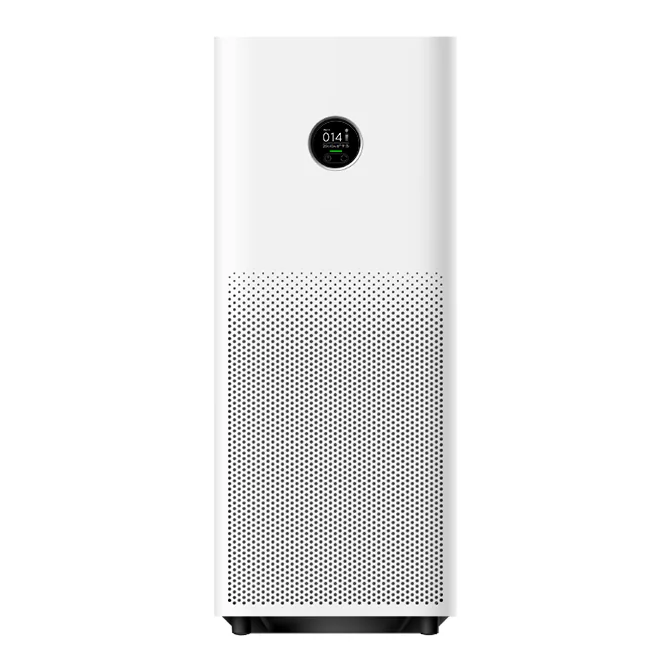 เครื่องฟอกอากาศ Xiaomi Smart Air Purifier 4 Pro ทรงสี่เหลี่ยมสูงสีขาว จอ OLED ด้านหน้า ฐานสีดำ มุมด้านหน้า