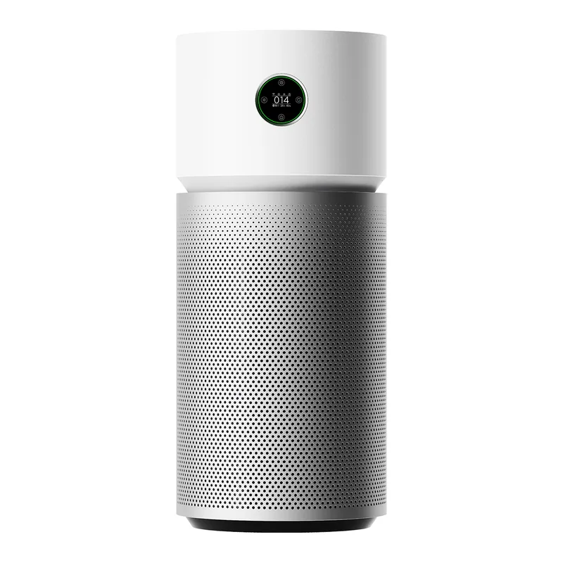 เครื่องฟอกอากาศ Xiaomi Smart Air Purifier Elite ทรงกระบอกสูง ส่วนบนสีขาว ตัวเครื่องตะแกรงสีเงิน มุมด้านหน้า